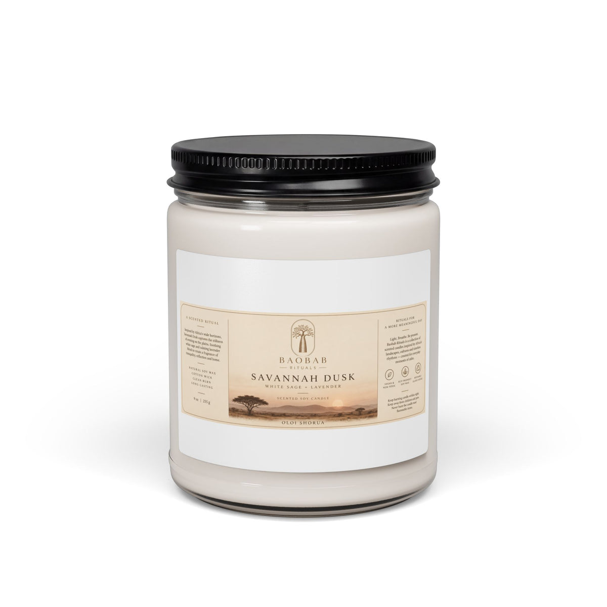 Baobab Rituals Savannah Dusk Soy Candle – White Sage + Lavender